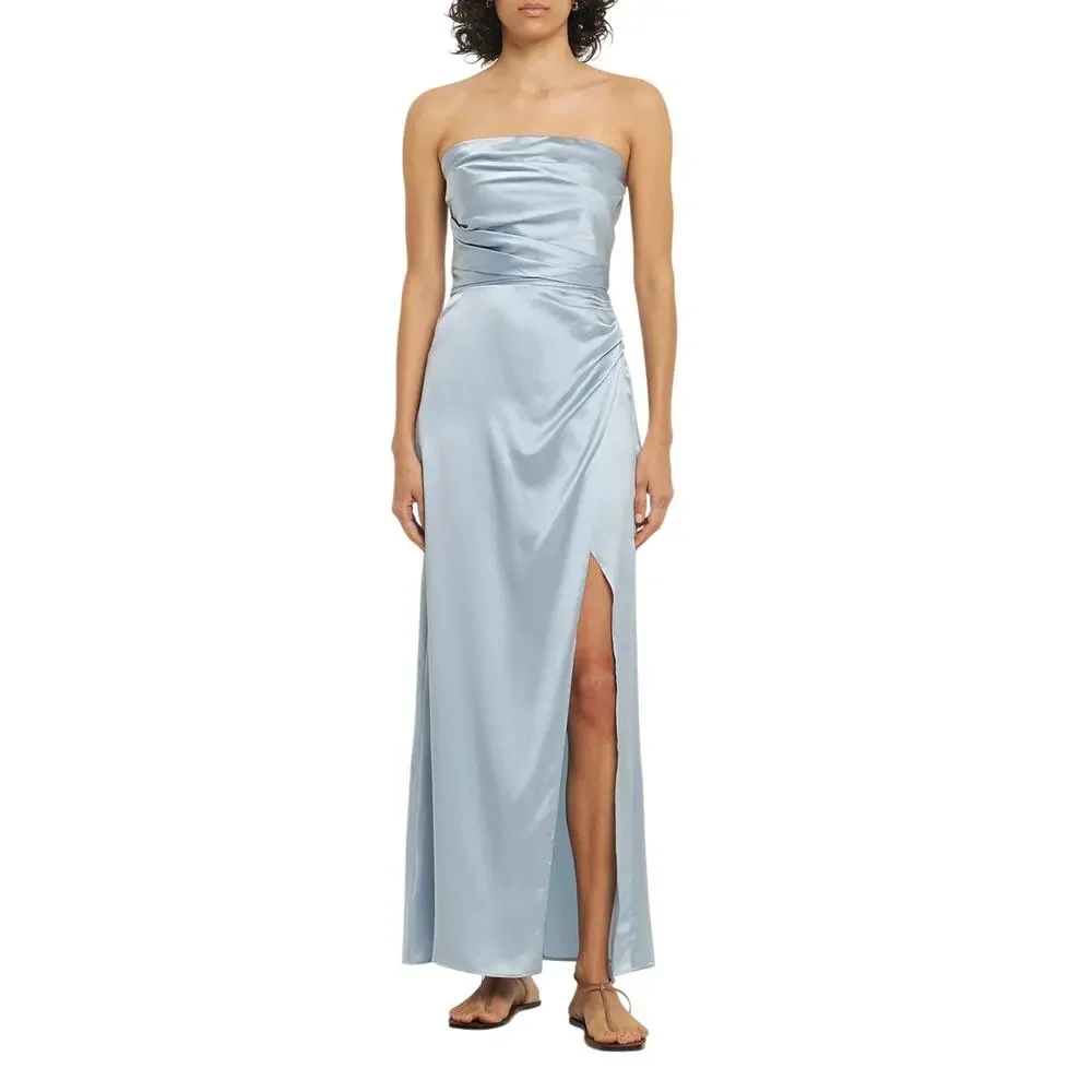 Reformation Barrow Silk Satin Strapless Maxi Dress Ice Blue 2 XS Slit Formal - Picture 13 of 16